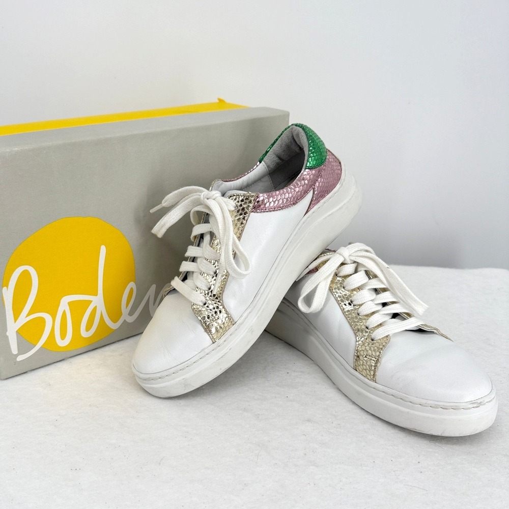 Boden White Leather Metallic Snakeskin Accent Low Sneakers Gold Pink Green 6.5